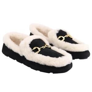 NEW Stuart Weitzman Owen Buckle Cozy Loafers Black Suede Shearling sz 6